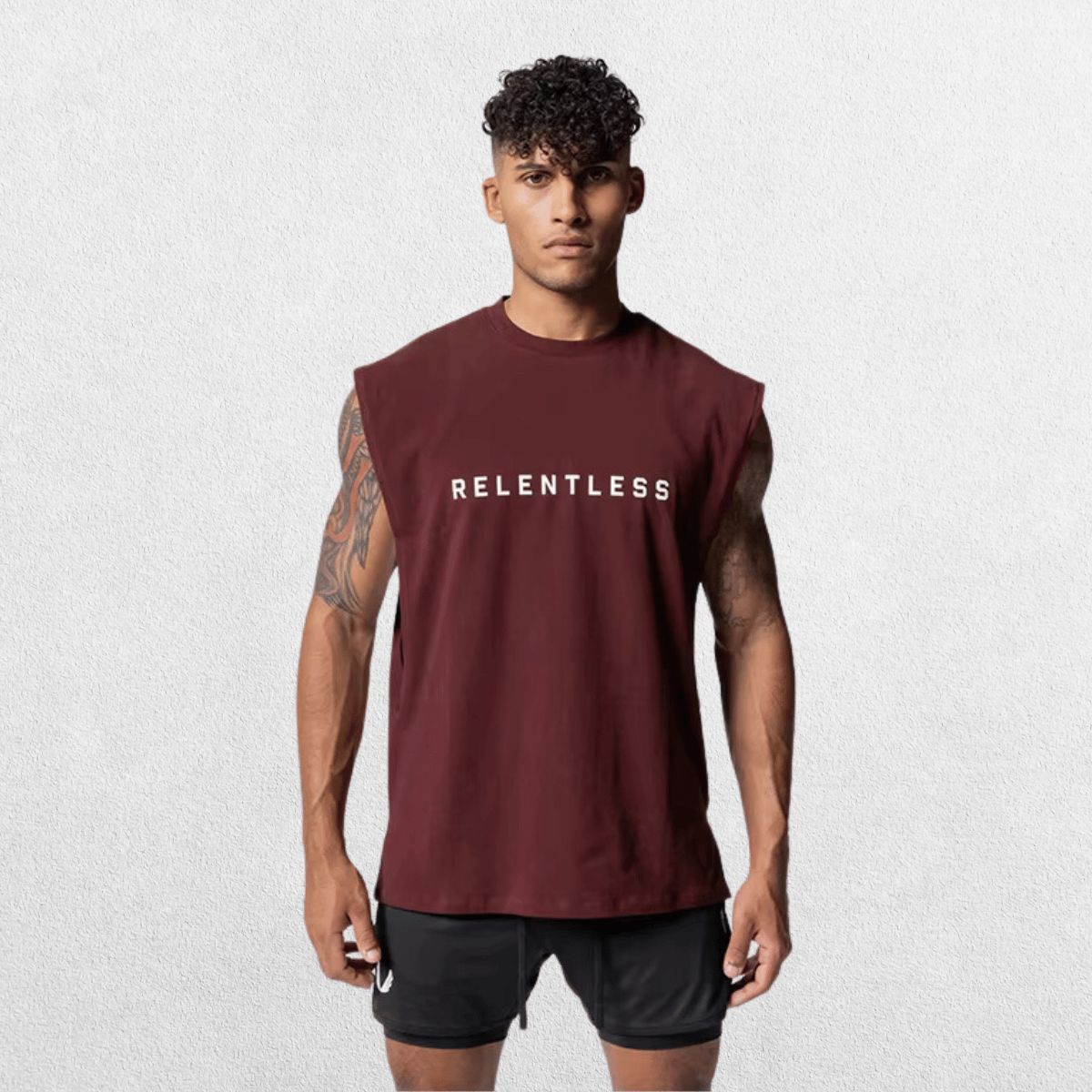 GPW Men's Performance Round Neck Sleeveless Shirt in burgundy, displayed from the front with a soft studio background that complements the rich color.