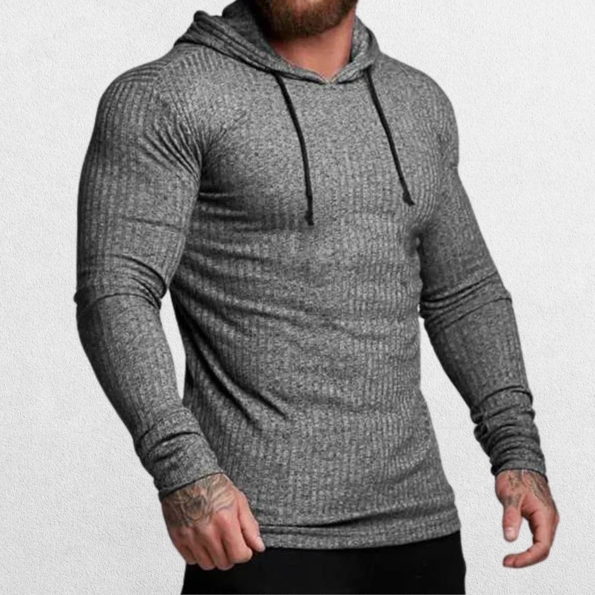 Close-up of a grey Men’s Slim Fit Sport Hoodie highlighting the breathable knitted material and sleek design.