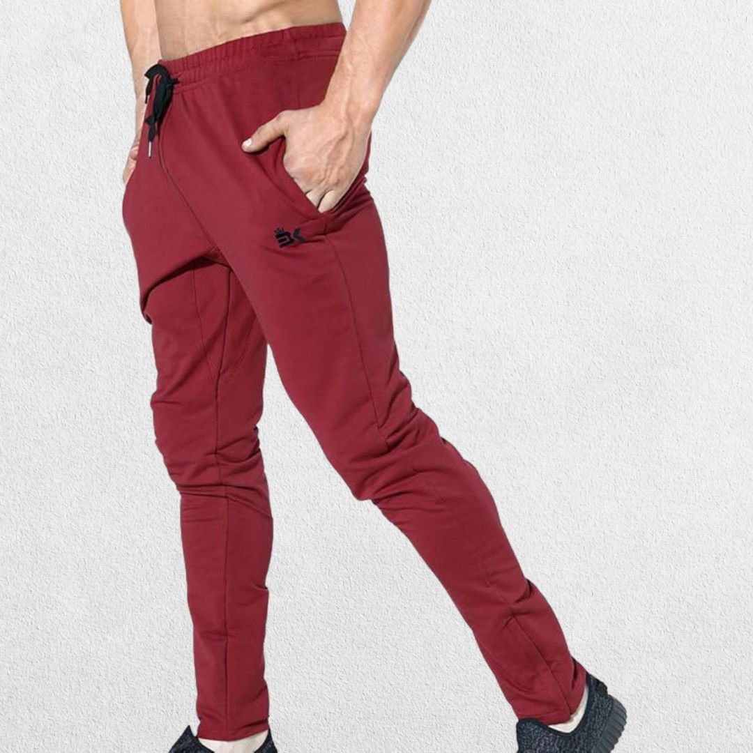 GPW Men’s Slim Fit Zip Athletic Pants Burgundy Side View in Studio Background