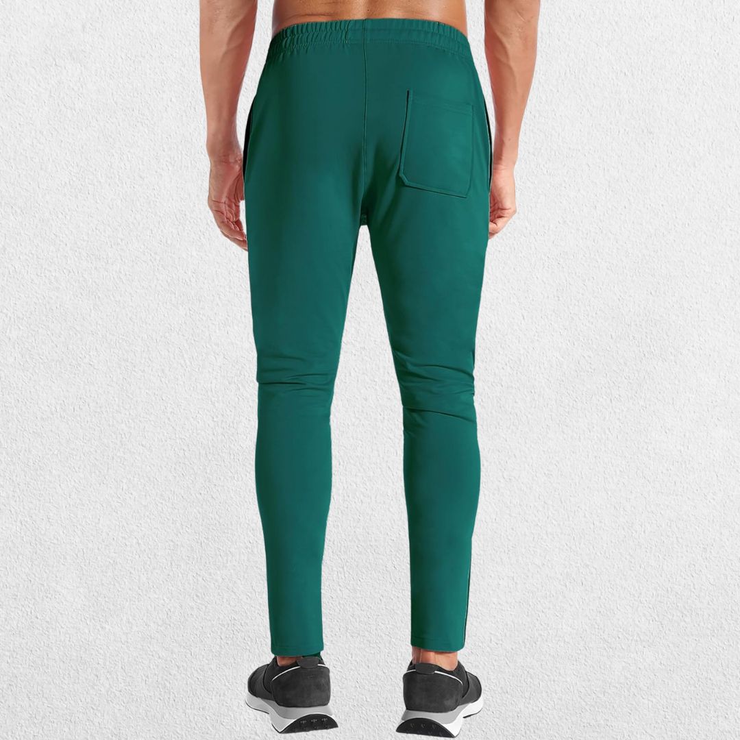 GPW Men’s Slim Fit Zip Athletic Pants Dark Green Back View in Studio Background