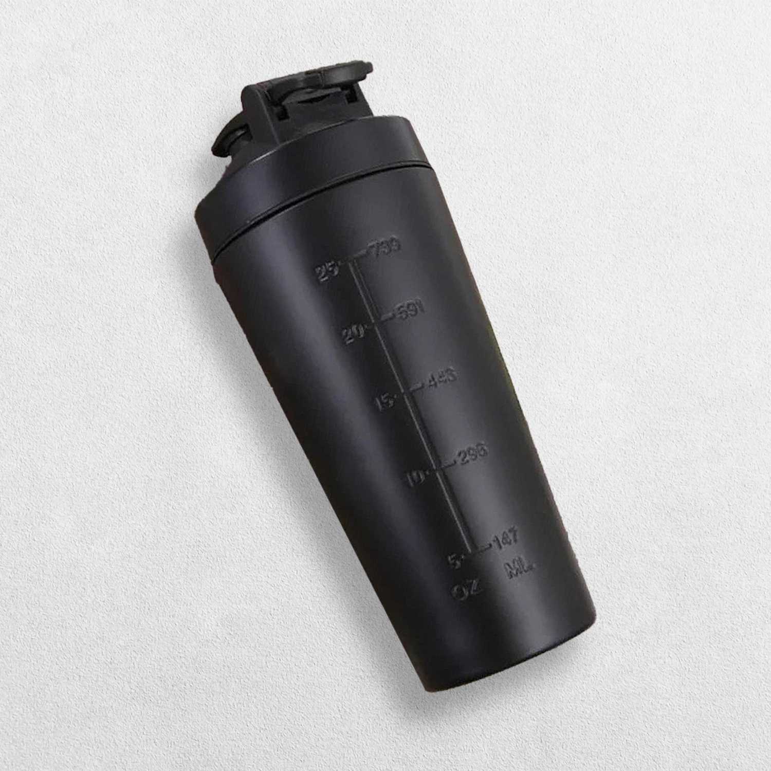 A sleek black insulated travel mug with a spill-proof lid, showcased in a professional studio setting with a minimalistic backdrop.