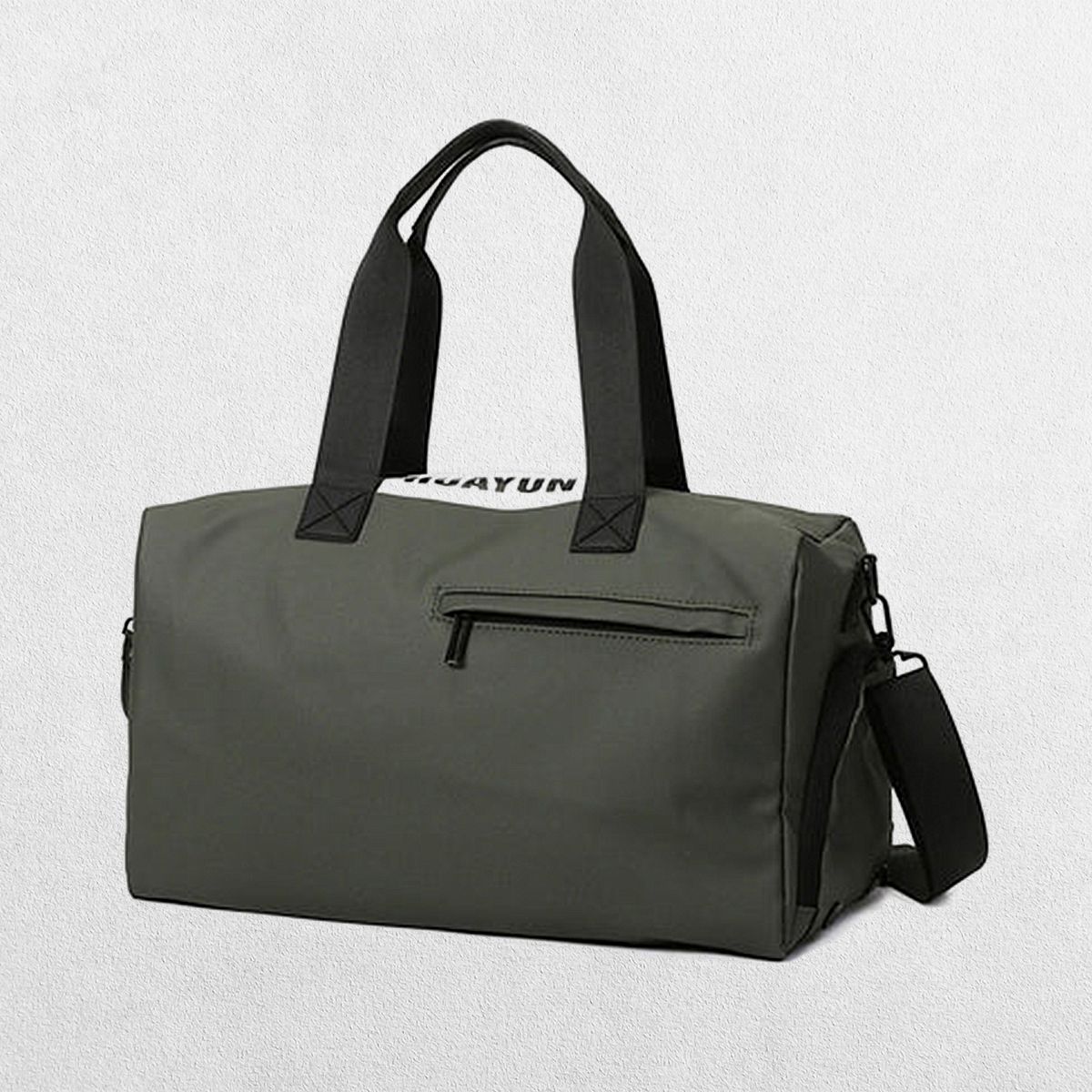 Army Green Stylish gym bag in a studio setting.