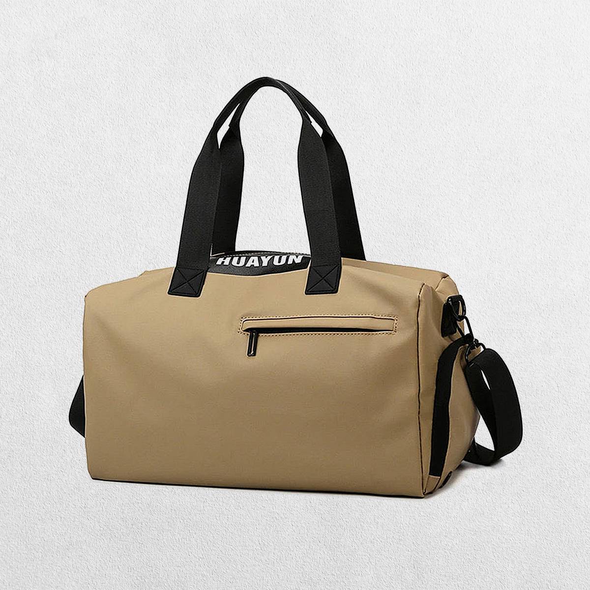 Khaki Stylish gym bag in a studio setting.