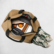 Khaki Open gym bag displaying essentials