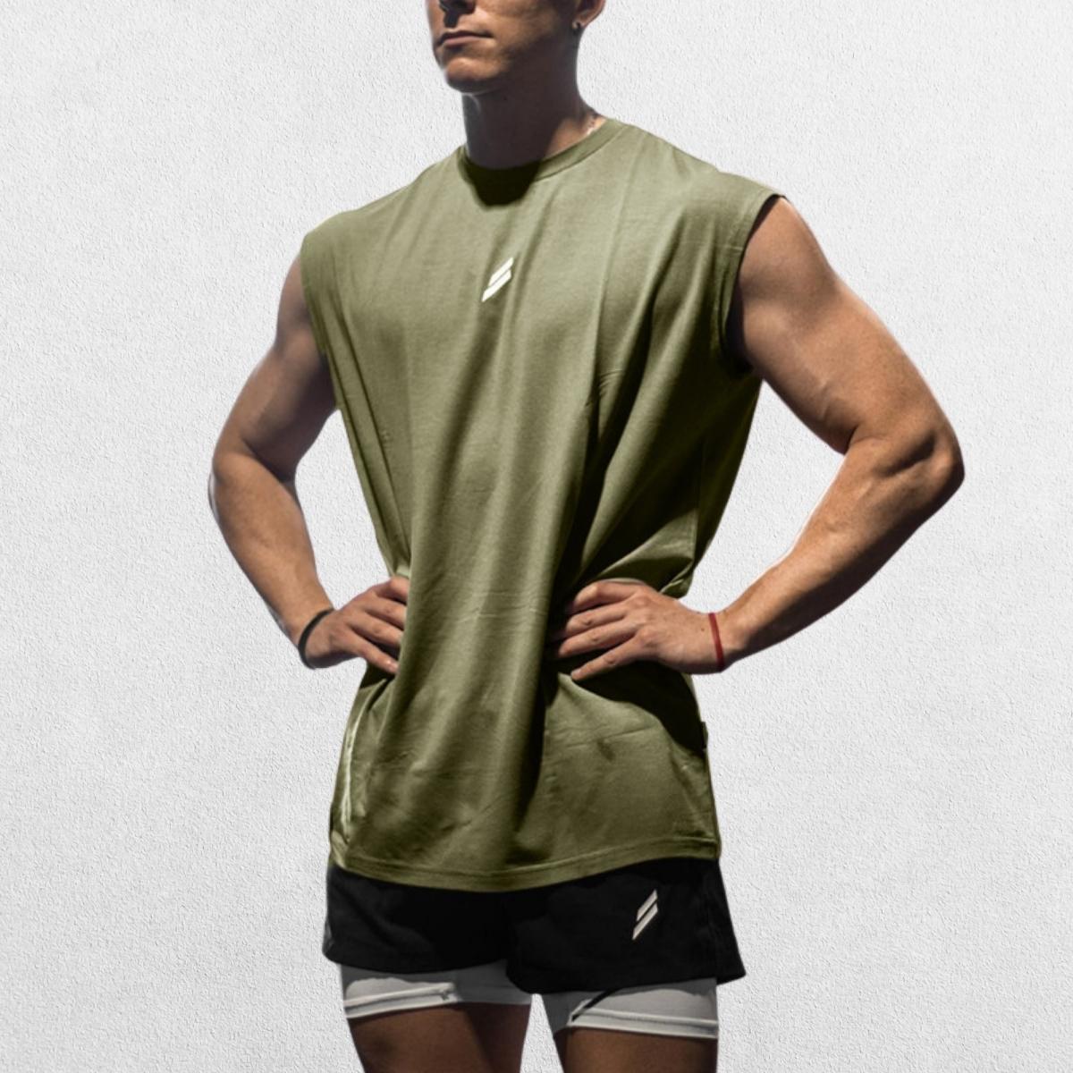 Front view of the GPW Summer Fitness Sports Tank Top in army green, showcasing its breathable mesh and athletic fit.