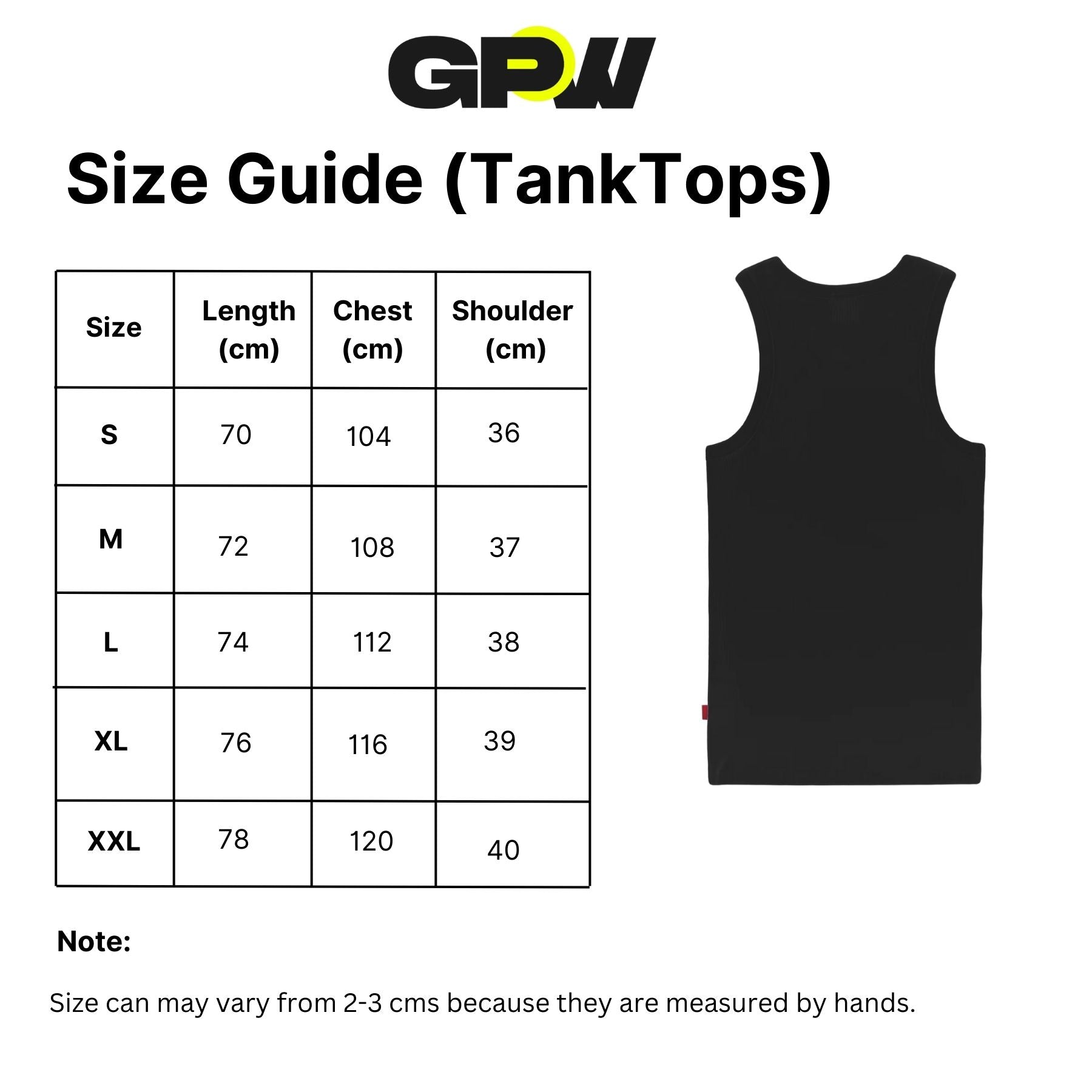 Detailed size chart for the GPW Summer Fitness Sports Tank Top