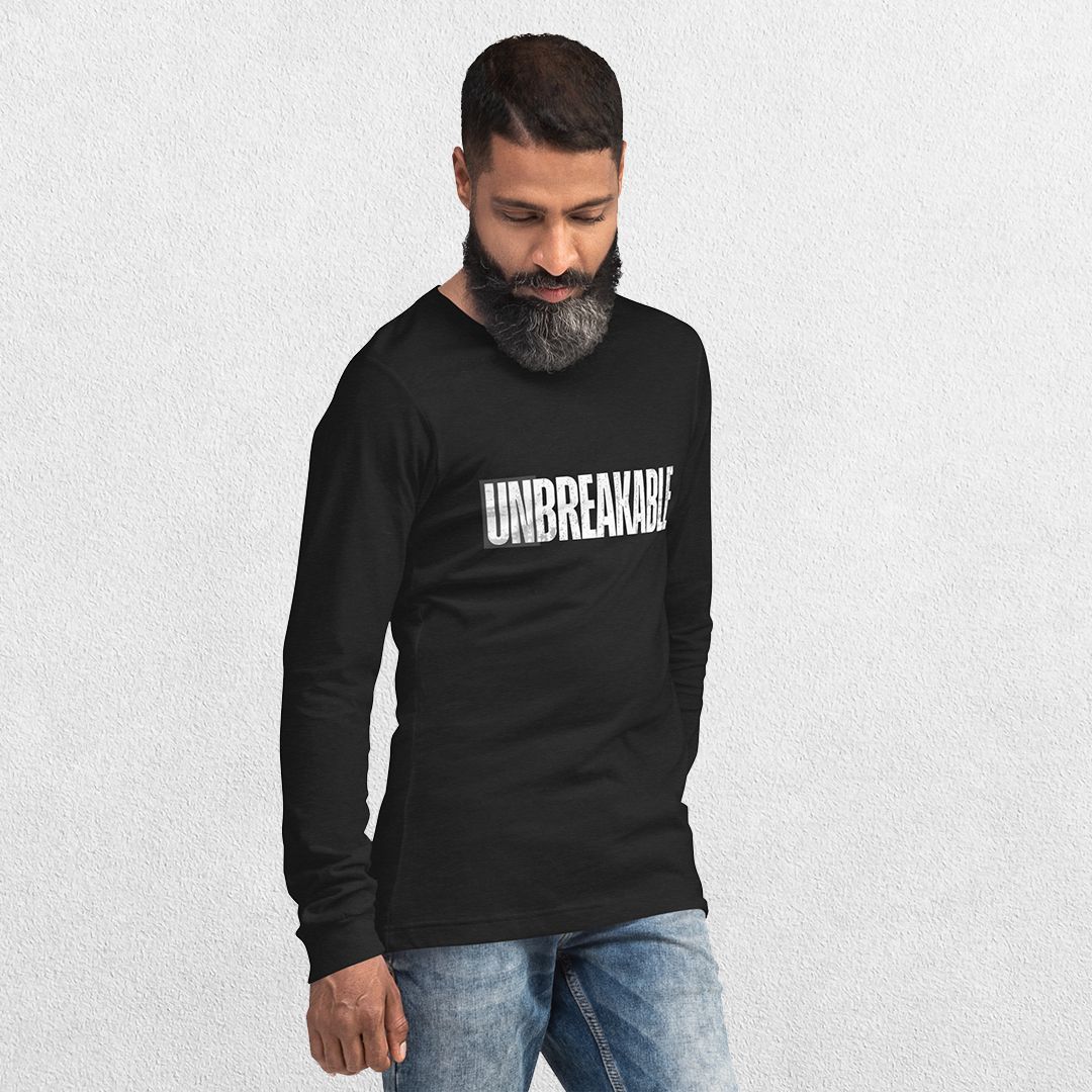 GPW Black Unbreakable Printed Long Sleeve Tee with empowering text design.
