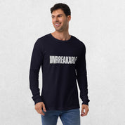 Model styling the GPW Navy Unbreakable Tee with casual pants.