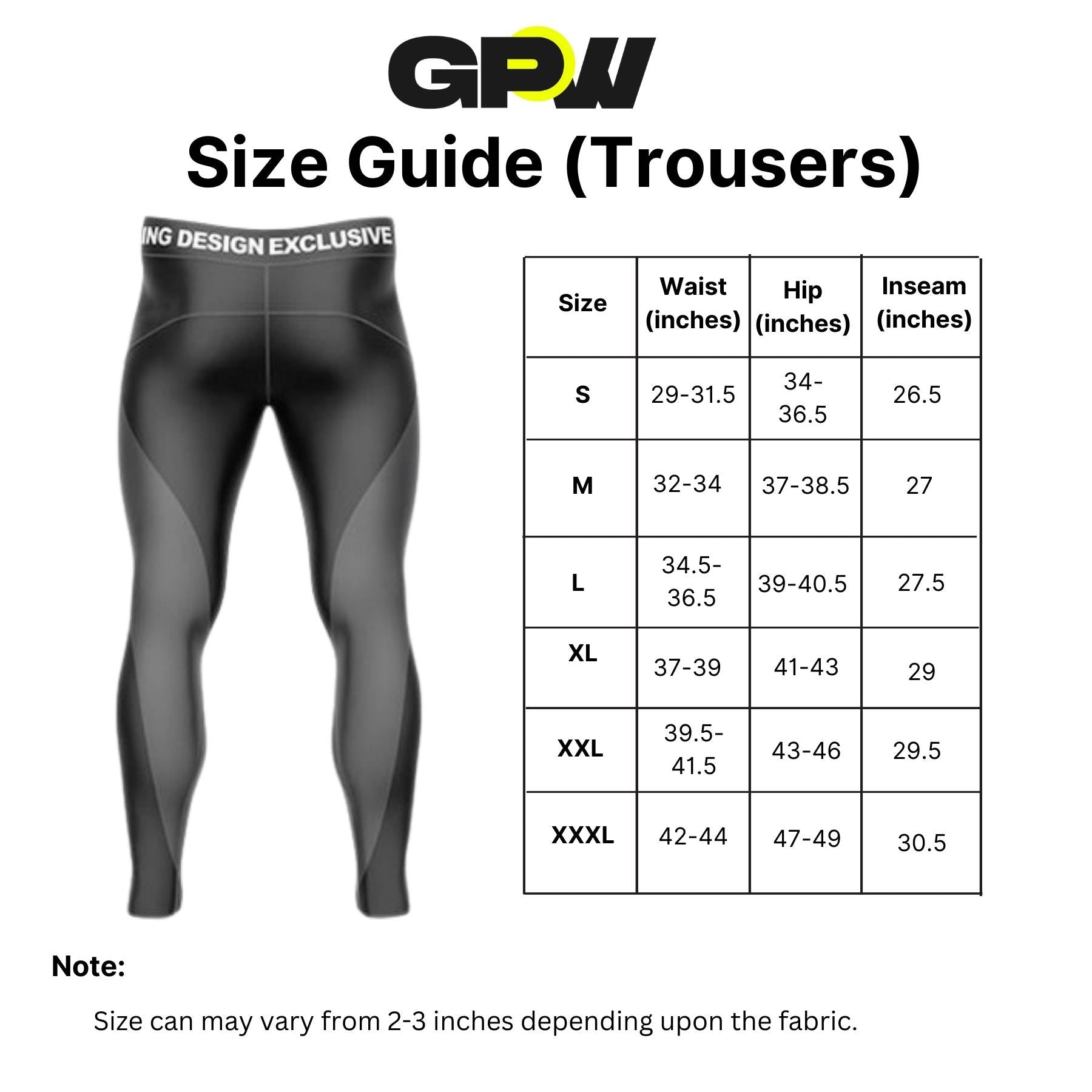 size chart zipper trouser