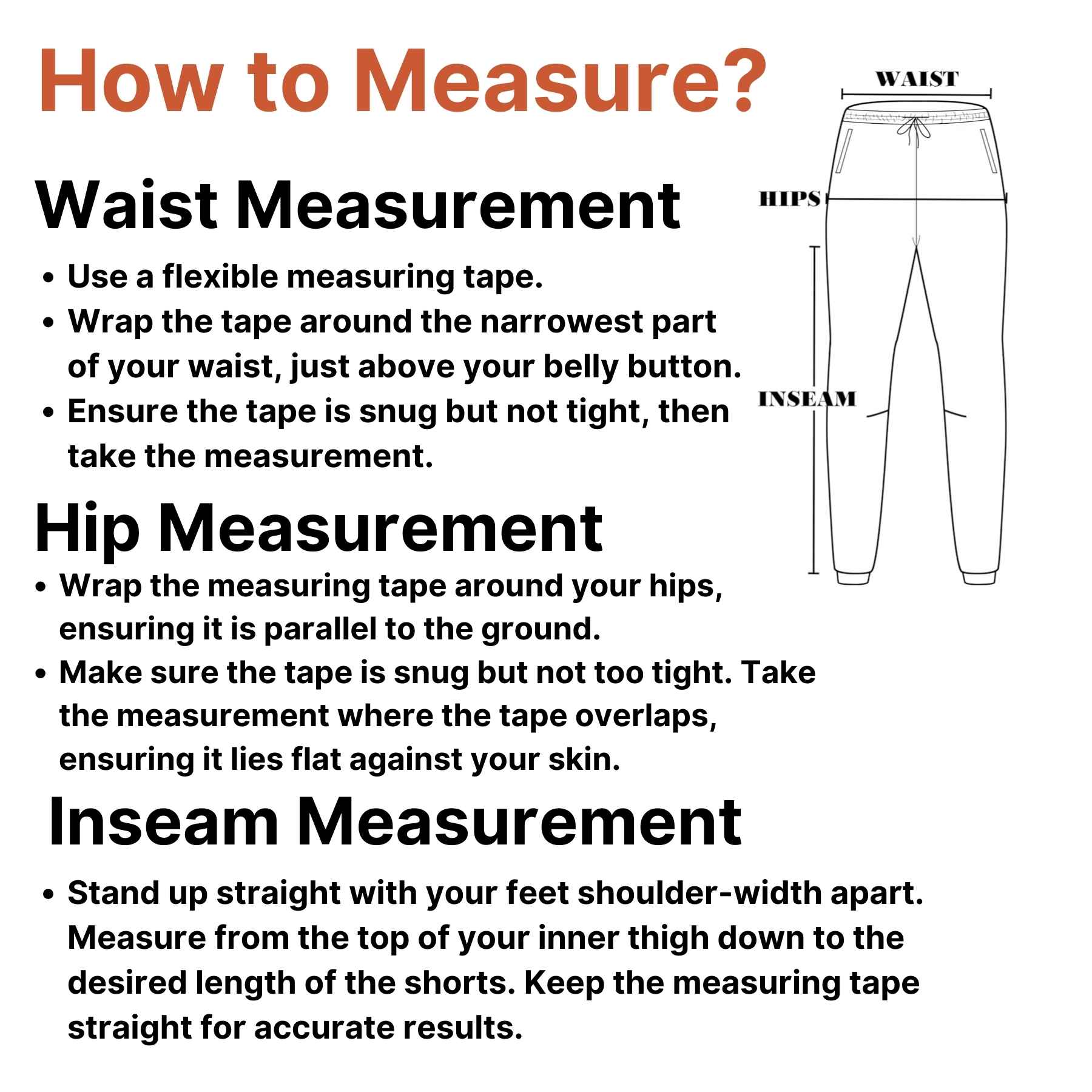 Men's size guide for trousers with measurement instructions