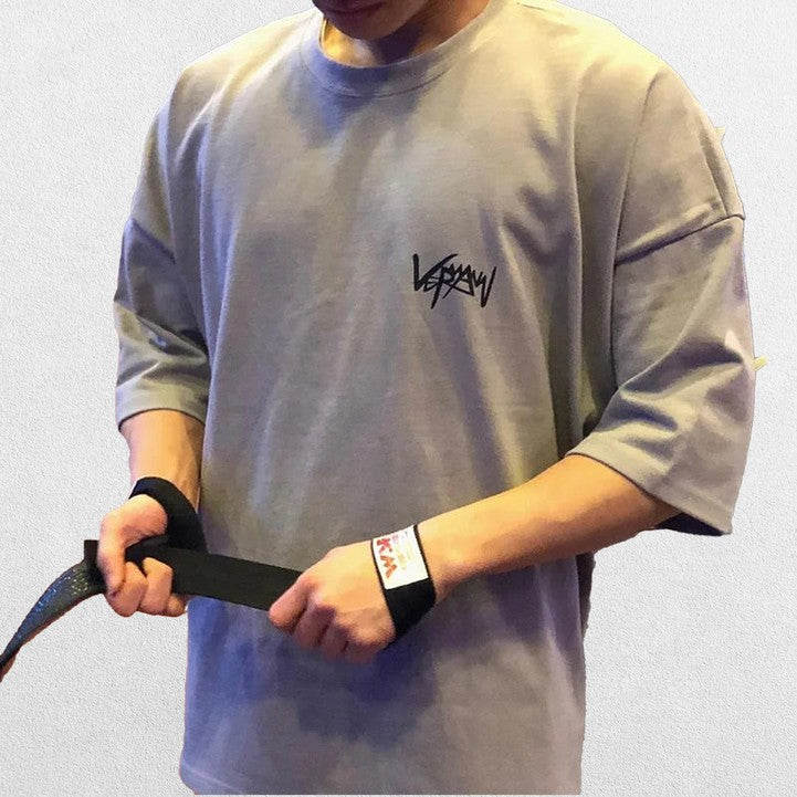 Close-up of Gray GPW Men's Oversized T-Shirt - Casual Gym Bodybuilding Top