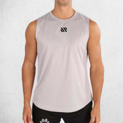 Close-up of Model Wearing Gray moisture-wicking mesh fabric Tank top