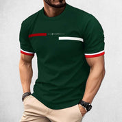 Front View of Model Wearing Green Men’s 3D Striped Letter Print Oversized T-Shirt – Casual Streetwear Hip-Hop Tee