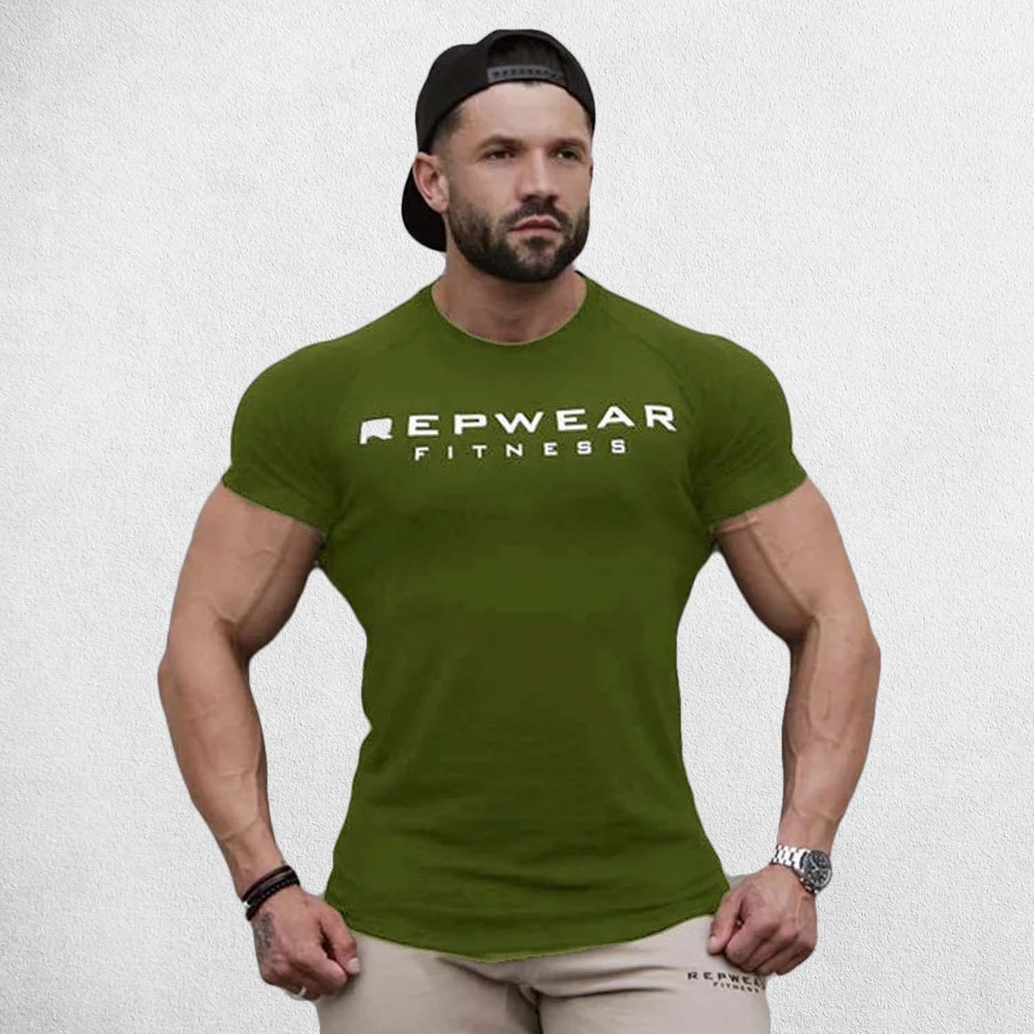 Front Pose of Model wearing Green Men’s Athletic Fit Gym T-Shirt – Breathable Cotton Workout Shirt for Training & Casual Wear