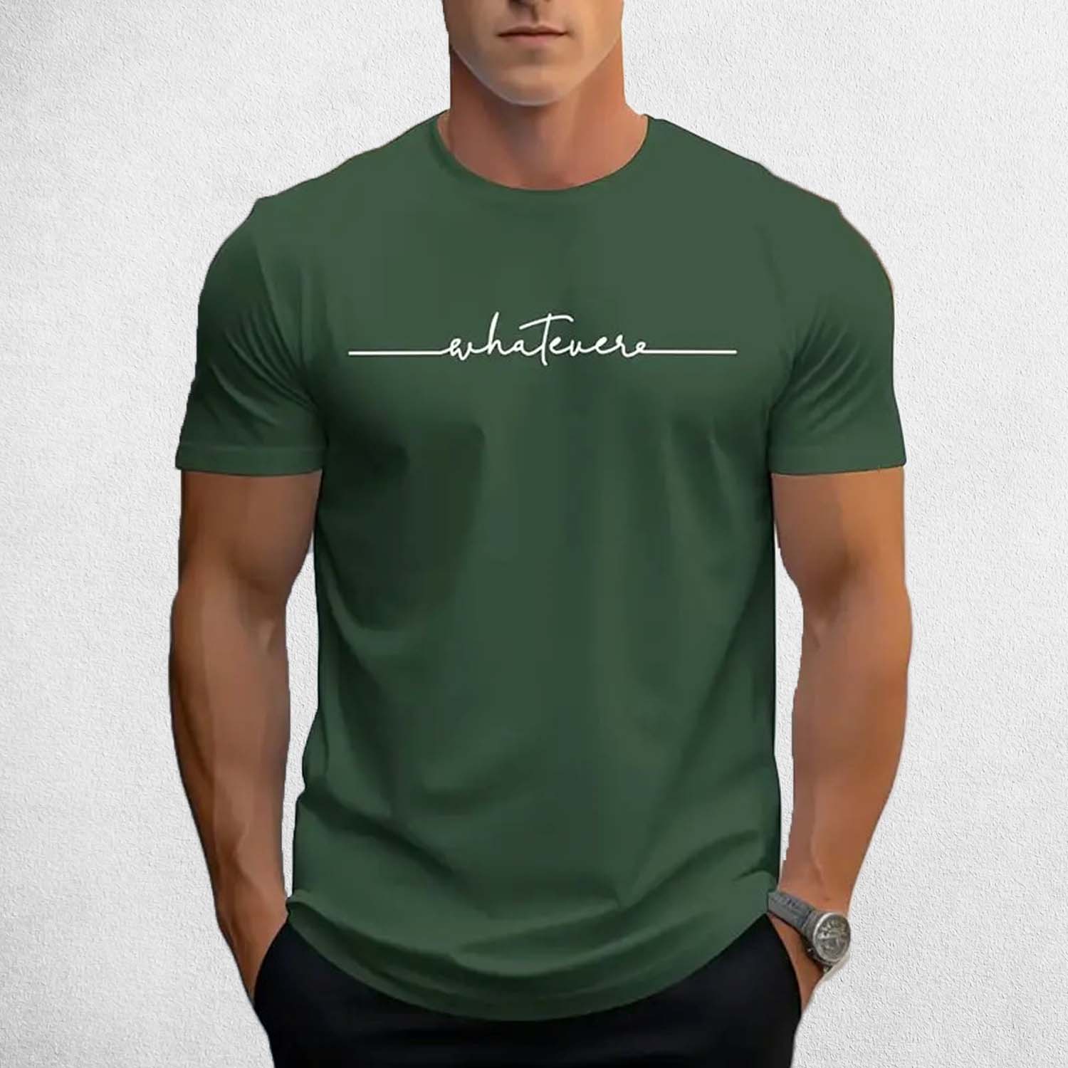 Front View of Model Wearing Green Men’s Letter Print Round Neck T-Shirt – Casual Breathable Summer Short-Sleeve Tee