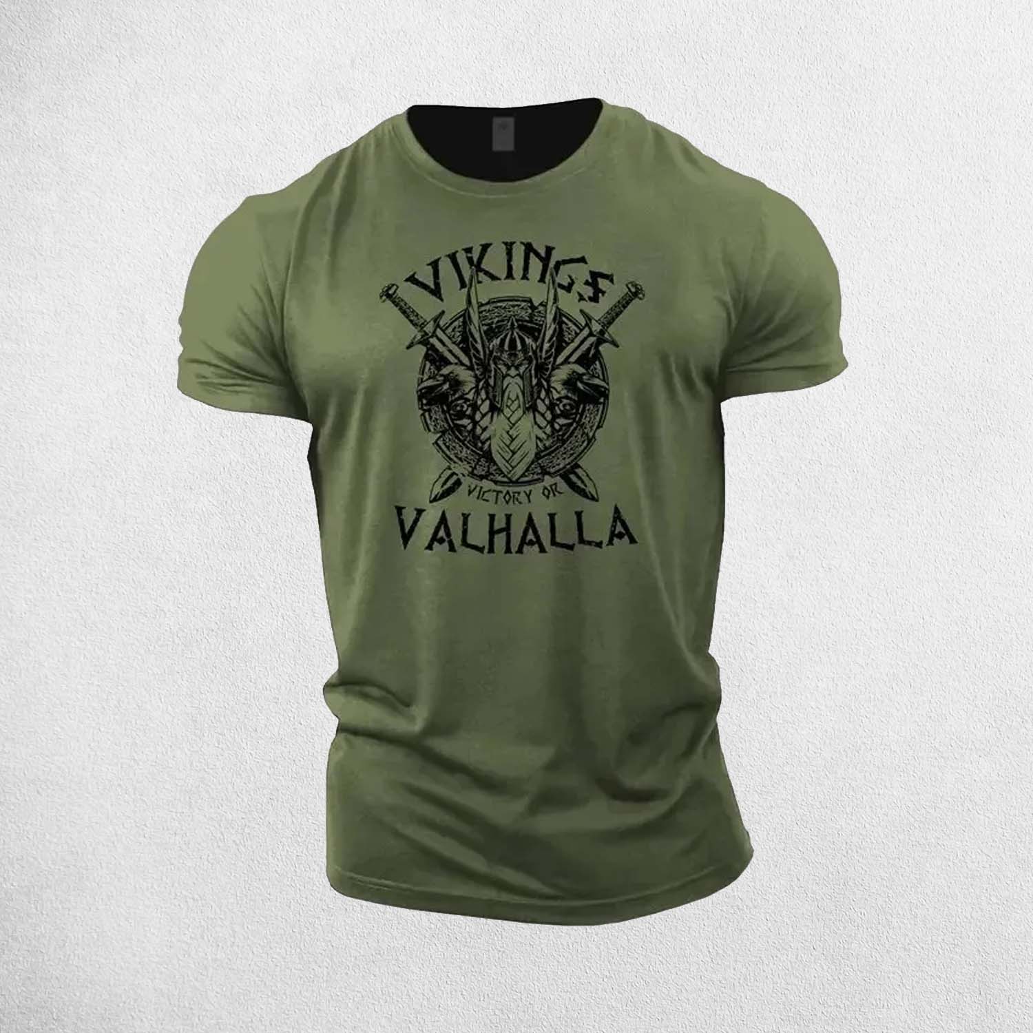 Close-up of Green intricate Viking graphic on high-stretch fitness t-shirt
