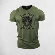 Close-up of Green intricate Viking graphic on high-stretch fitness t-shirt