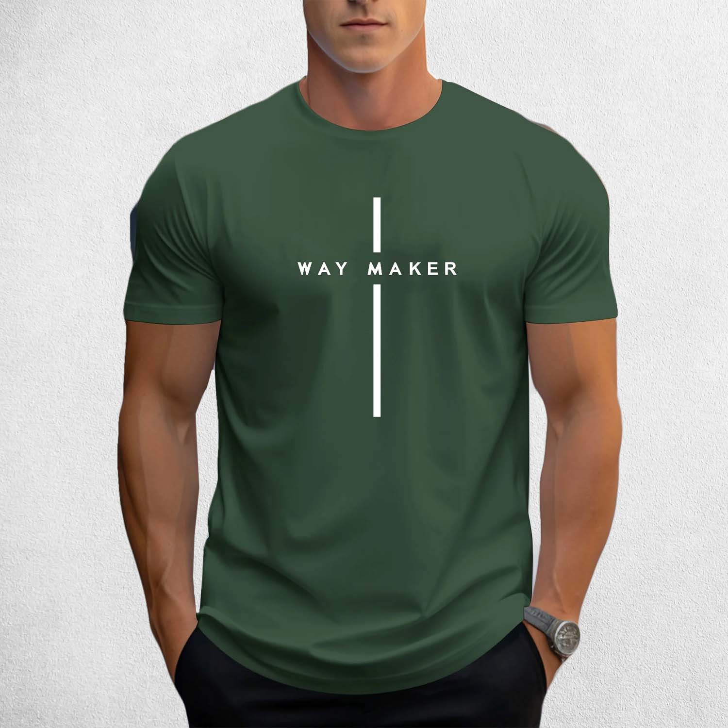 Front View of Model Wearing Green Men's Way Maker Graphic Tee - 100% Cotton, Casual Crewneck T-Shirt with Geometric Design