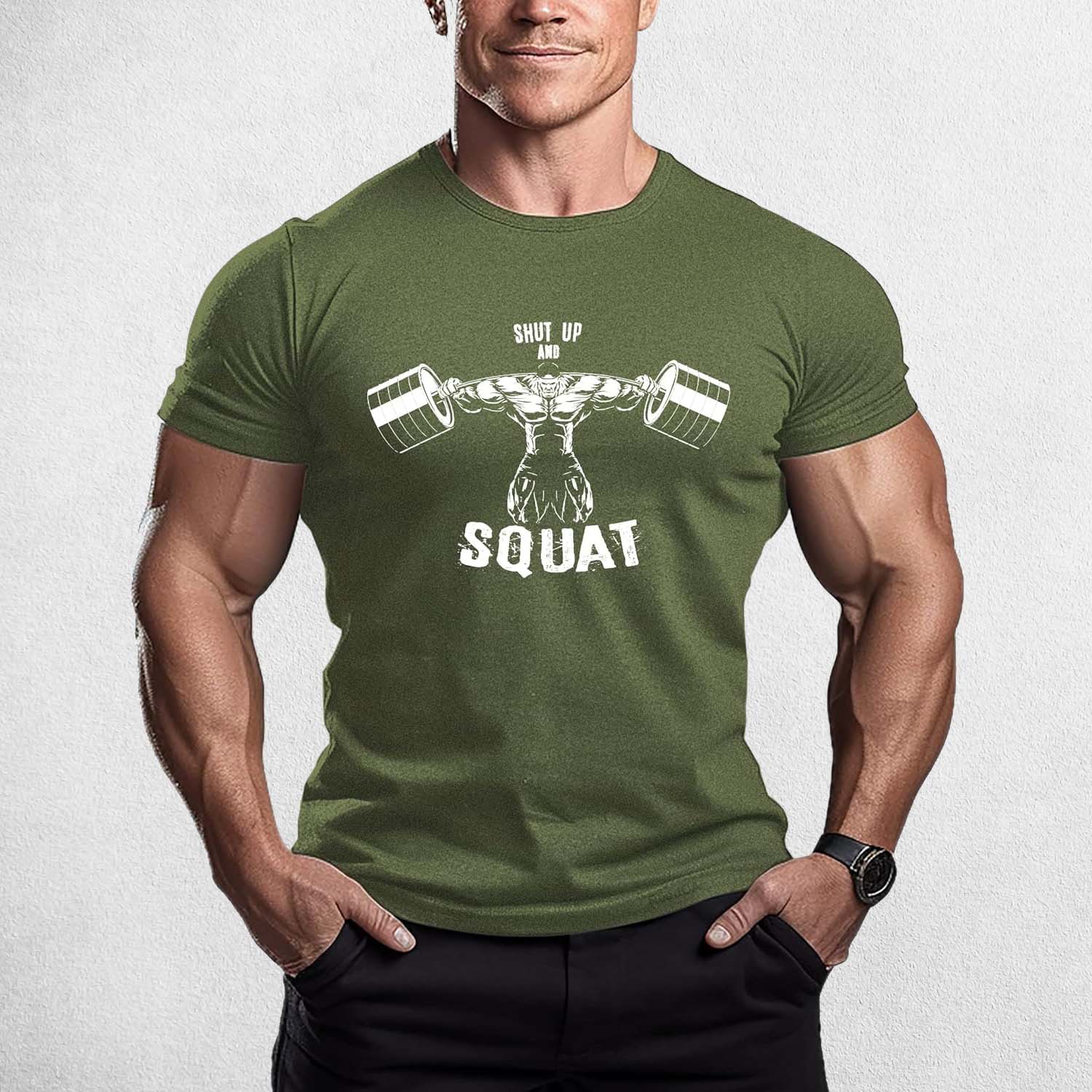 Front View of Model Wearing Green Muscle Men's Gym T-Shirt – 3D Printed, Short Sleeve, Sporty Workout & Casual Tee