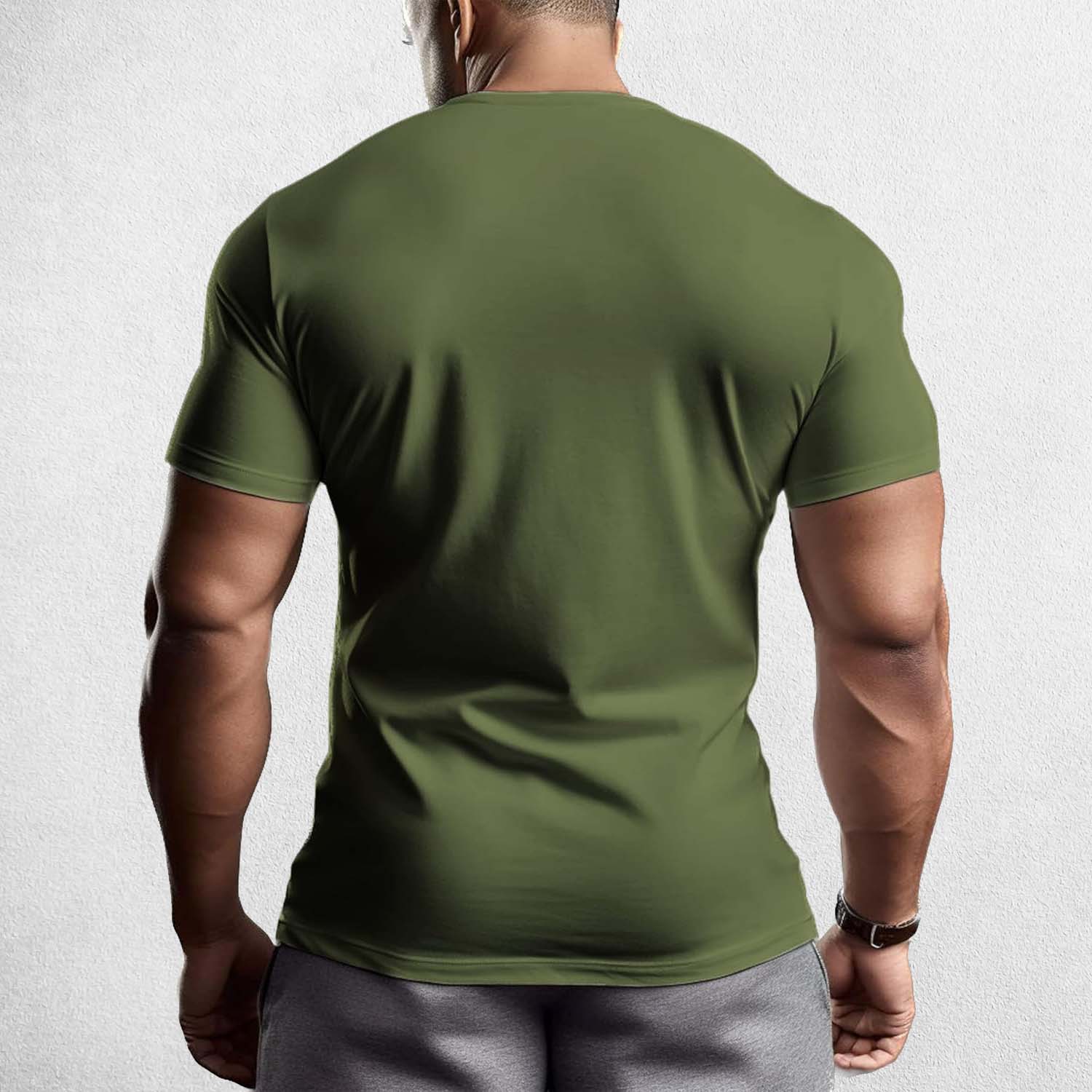 Back View of Model Wearing Green Muscle Men's Gym T-Shirt – 3D Printed, Short Sleeve, Sporty Workout & Casual Tee