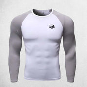 Close Up of White Grey Men's Compression Quick-Dry Long Sleeve T-Shirt – Tight-Fit Gym & Running Sportswear for Training & Fitness