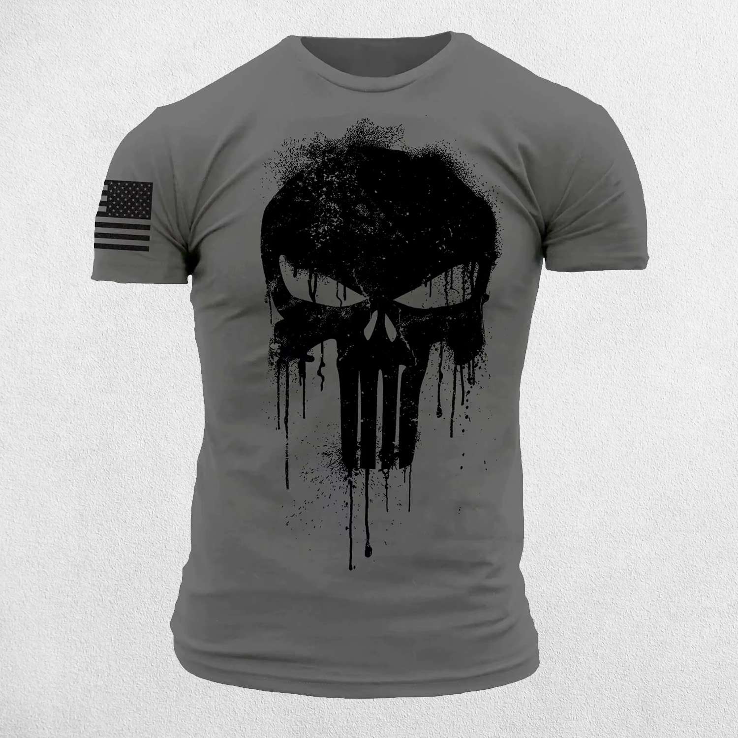 Front View of Grey Men's Oversized 3D Patriotic Skull T-Shirt