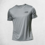 Front view of Grey Men's quick-dry compression sports T-shirt for gym and running