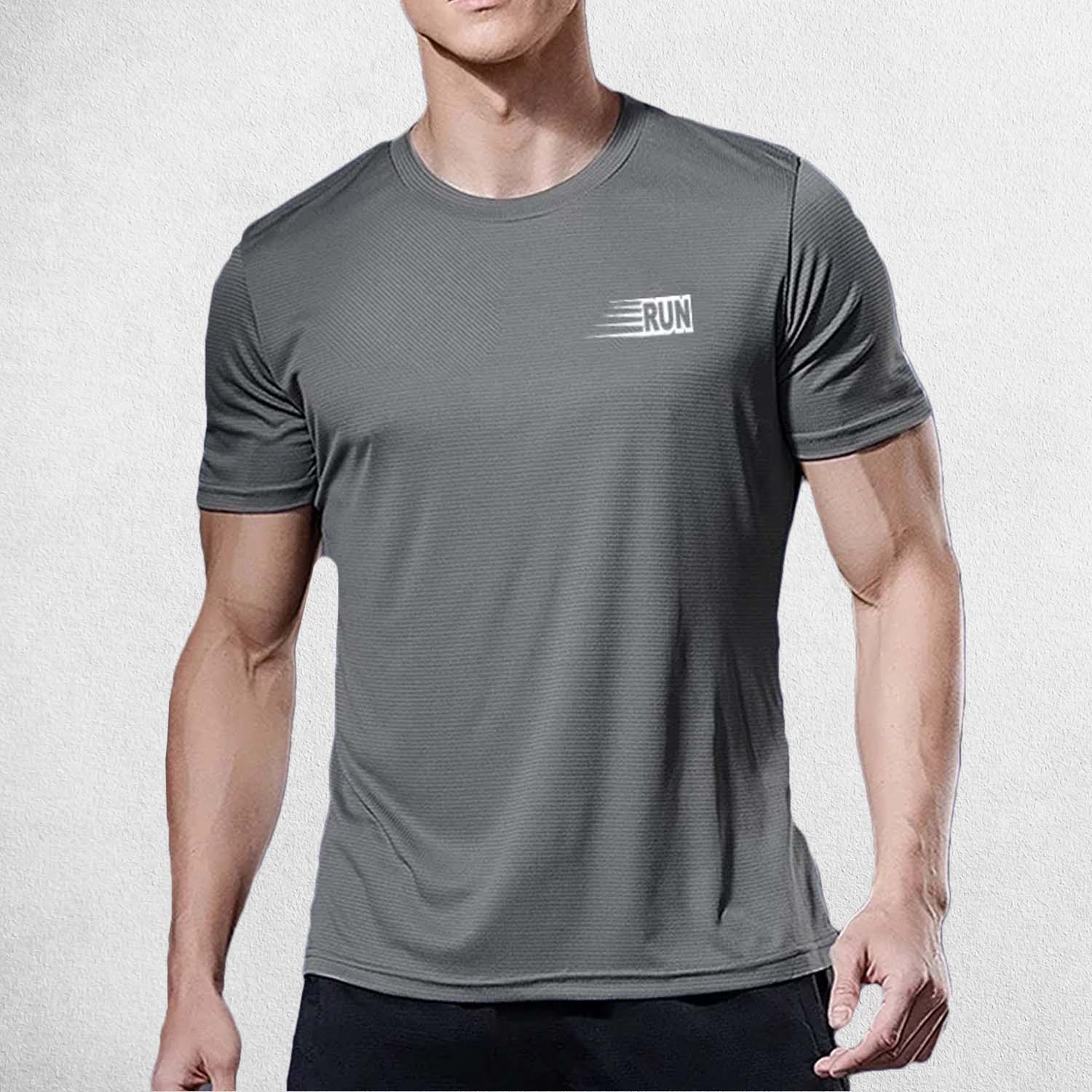 Model wearing Grey Men's Quick-Dry Compression Sports T-Shirt – Moisture-Wicking Gym & Running Shirt