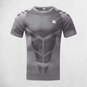 Close up of Grey Men's Quick-Dry Compression T-Shirt – Tight-Fit Gym & Running Shirt for Fitness, Bodybuilding & Training