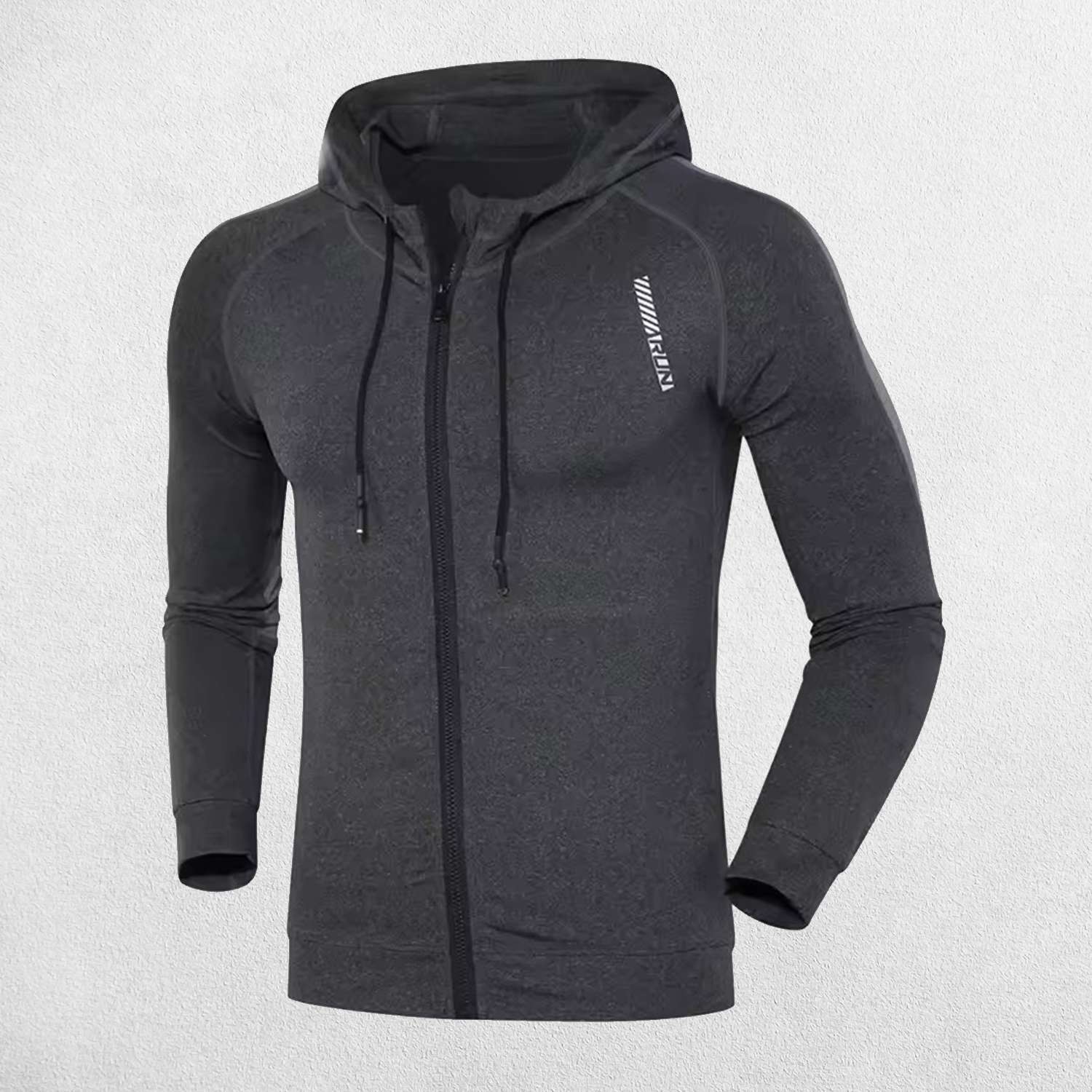 Grey Men's quick-drying fitness hoodie with raglan sleeves for enhanced flexibility.