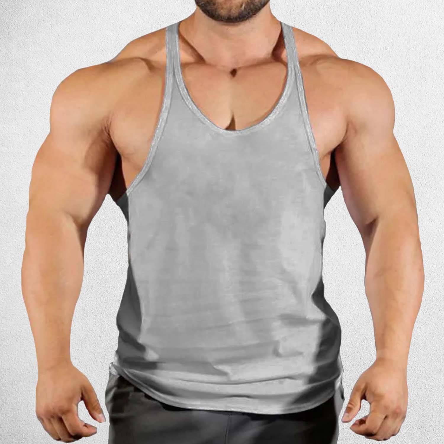 Front View of Model Wearing Grey Men's Solid Color Cotton Y-Back Sleeveless Tank Tops for Gym Muscle Training & Athletic Workout