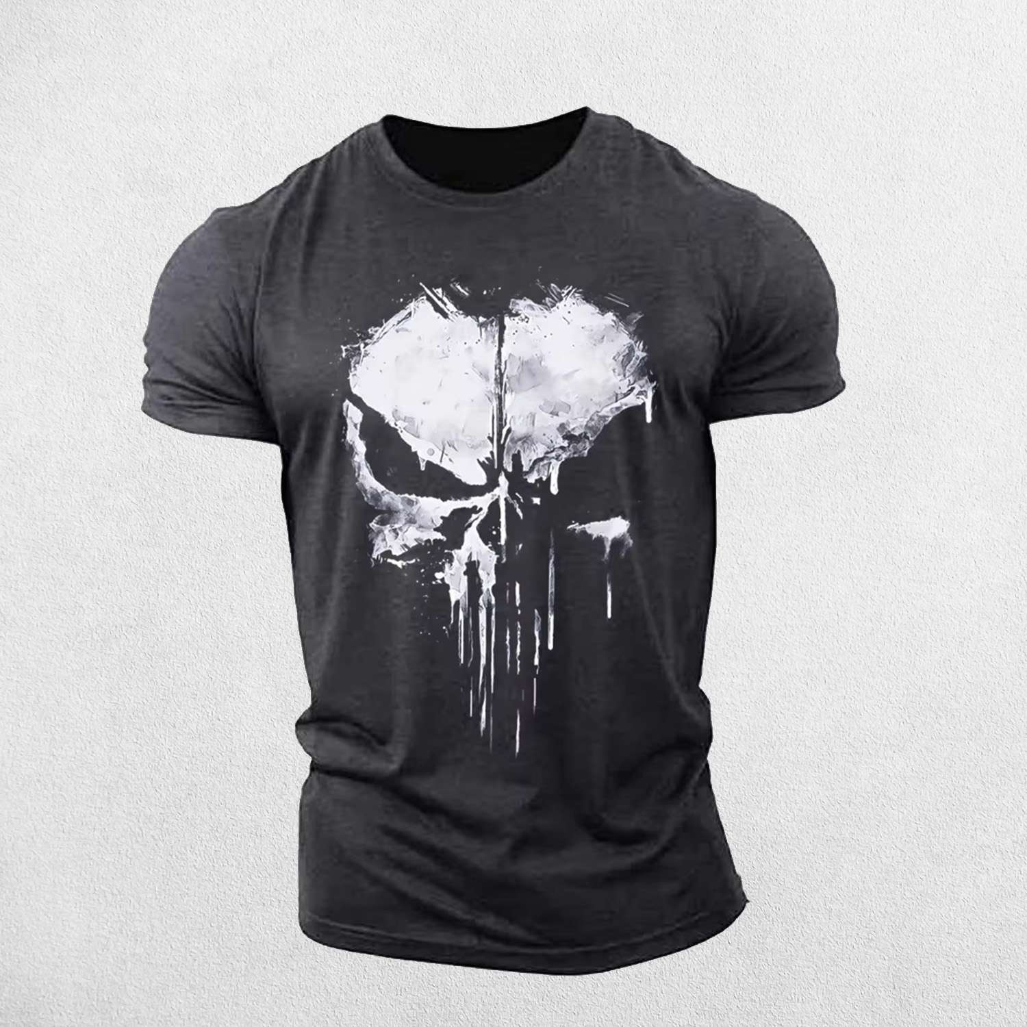 Front View of Grey Men's Stylish O-Neck Short Sleeve Gym T-shirt with 3D Punisher Skull Print Design