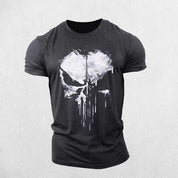 Front View of Grey Men's Stylish O-Neck Short Sleeve Gym T-shirt with 3D Punisher Skull Print Design
