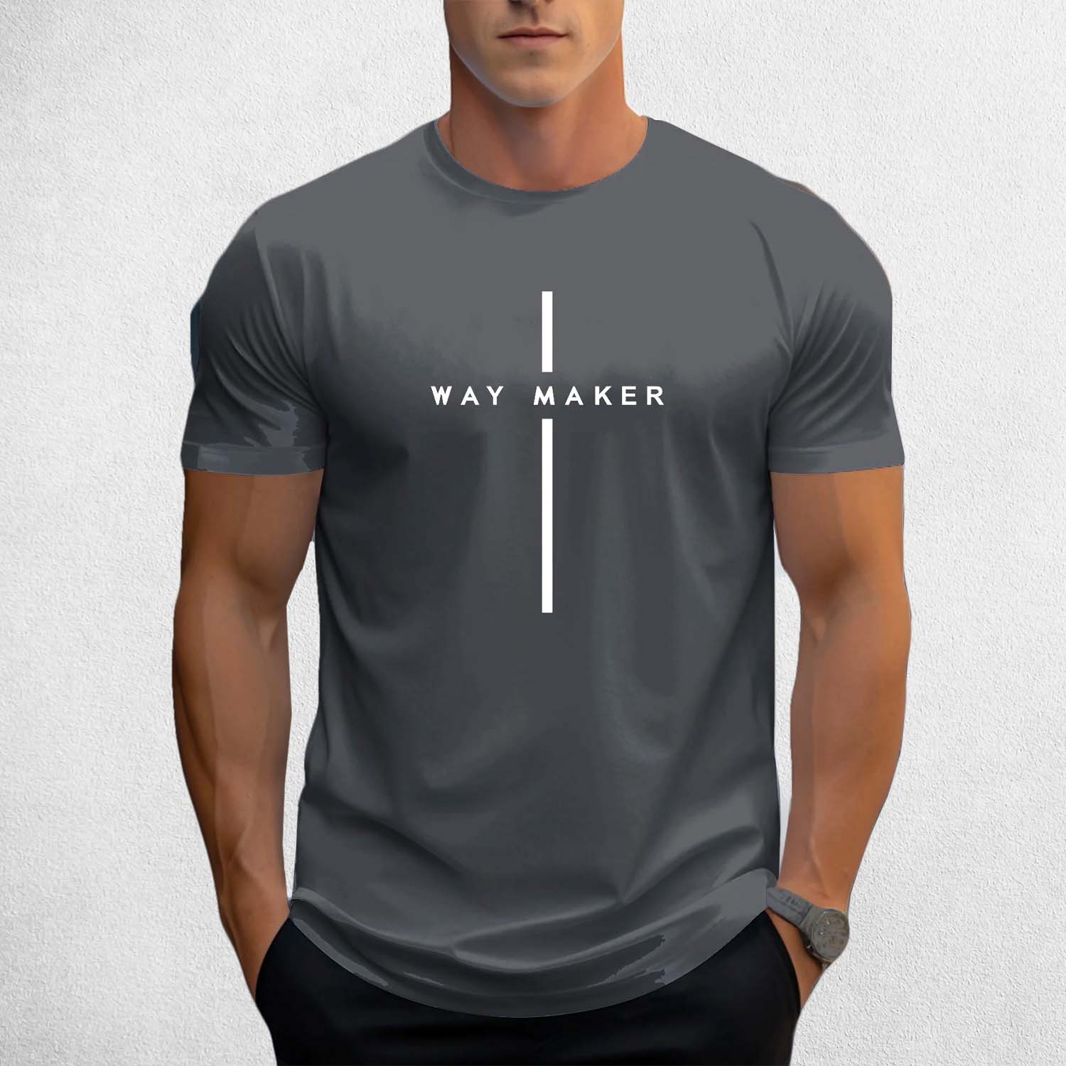 Front View of Model Wearing Grey Men's Way Maker Graphic Tee - 100% Cotton, Casual Crewneck T-Shirt with Geometric Design