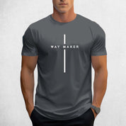 Front View of Model Wearing Grey Men's Way Maker Graphic Tee - 100% Cotton, Casual Crewneck T-Shirt with Geometric Design