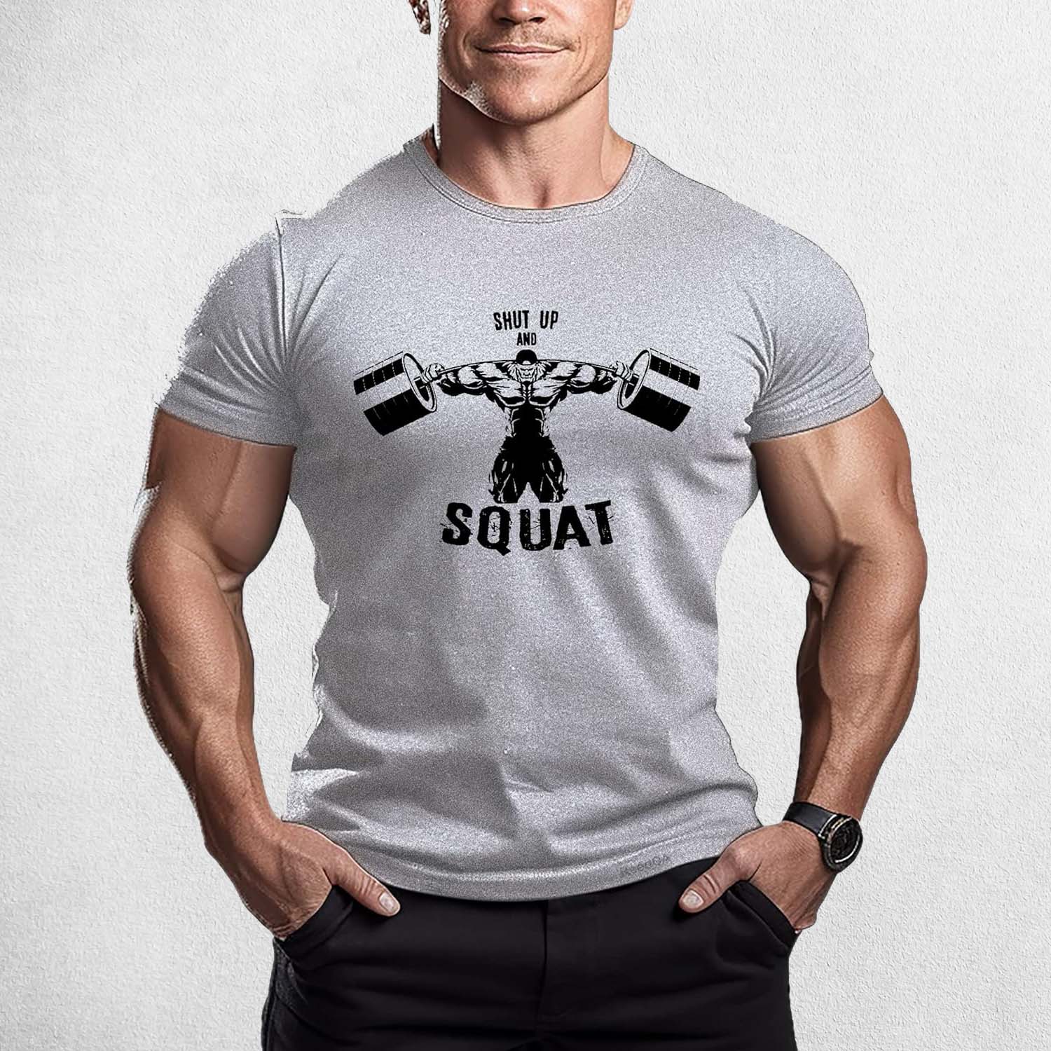 Front View of Model Wearing Grey Muscle Men's Gym T-Shirt – 3D Printed, Short Sleeve, Sporty Workout & Casual Tee