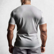 Back View of Model Wearing 
Grey Muscle Men's Gym T-Shirt – 3D Printed, Short Sleeve, Sporty Workout & Casual Tee