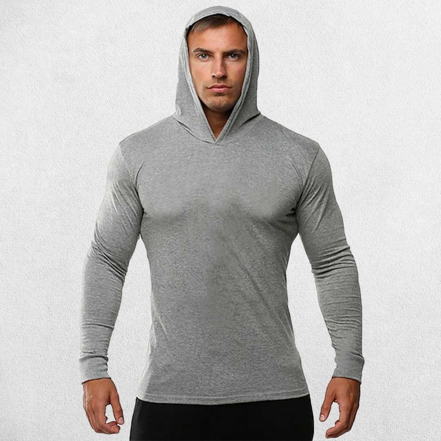 Model wearing Grey Plain Cotton Activewear Long Sleeve Slim Fit Men's Hooded Shirt