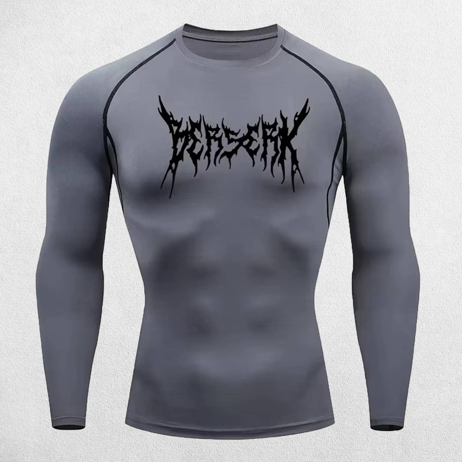 Close-up of Grey Quick Dry Rash Guard highlighting Berserk print and ergonomic fit.