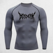 Close-up of Grey Quick Dry Rash Guard highlighting Berserk print and ergonomic fit.