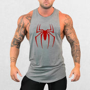 Grey Red Spider Printed Running Tank Top with bold spider graphic on the chest, showcasing a sleek athletic fit.