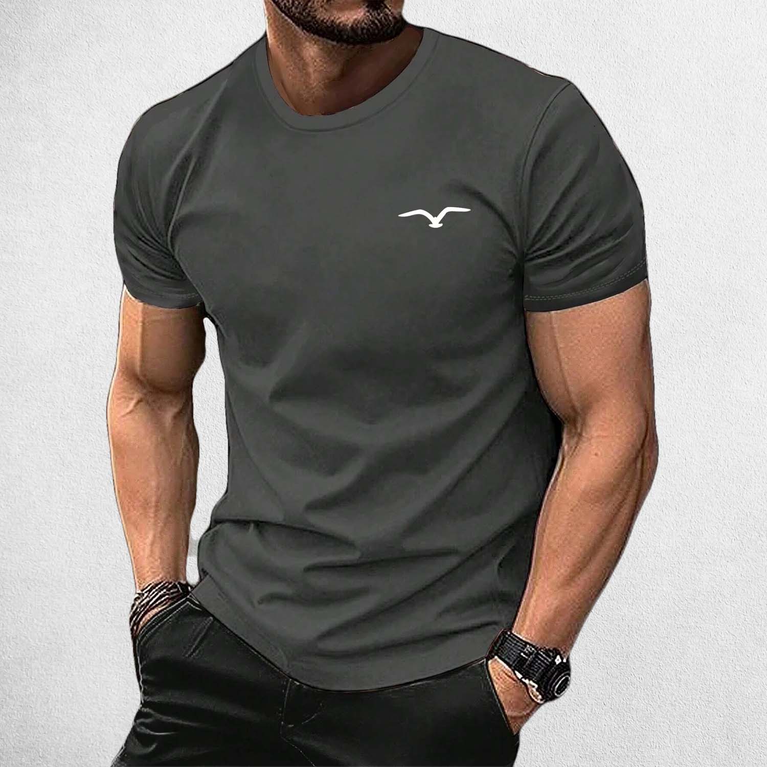 Front View of Model Wearing Grey Seagull Men's Luxury Cotton T-Shirt – Casual Streetwear, Big Size, Premium Comfort