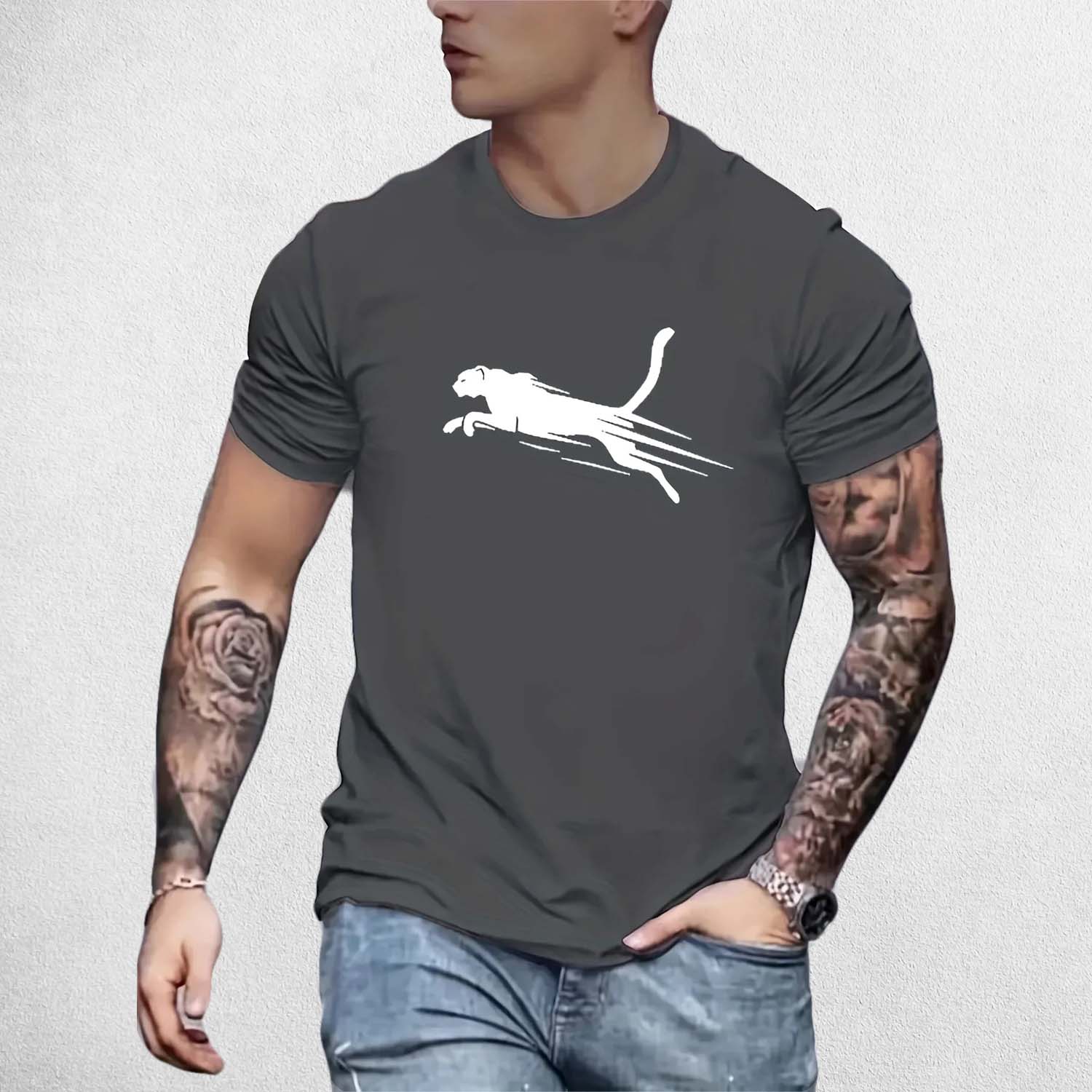 Front View of Model Wearing Grey Trendy Leopard Graphic Print Men's Comfy T-Shirt – Casual Summer Streetwear Tee