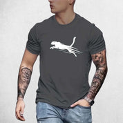 Front View of Model Wearing Grey Trendy Leopard Graphic Print Men's Comfy T-Shirt – Casual Summer Streetwear Tee