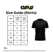 Detailed size chart for Gym Junky Men’s Slim Fit T-Shirt, showing measurements for all available sizes.
