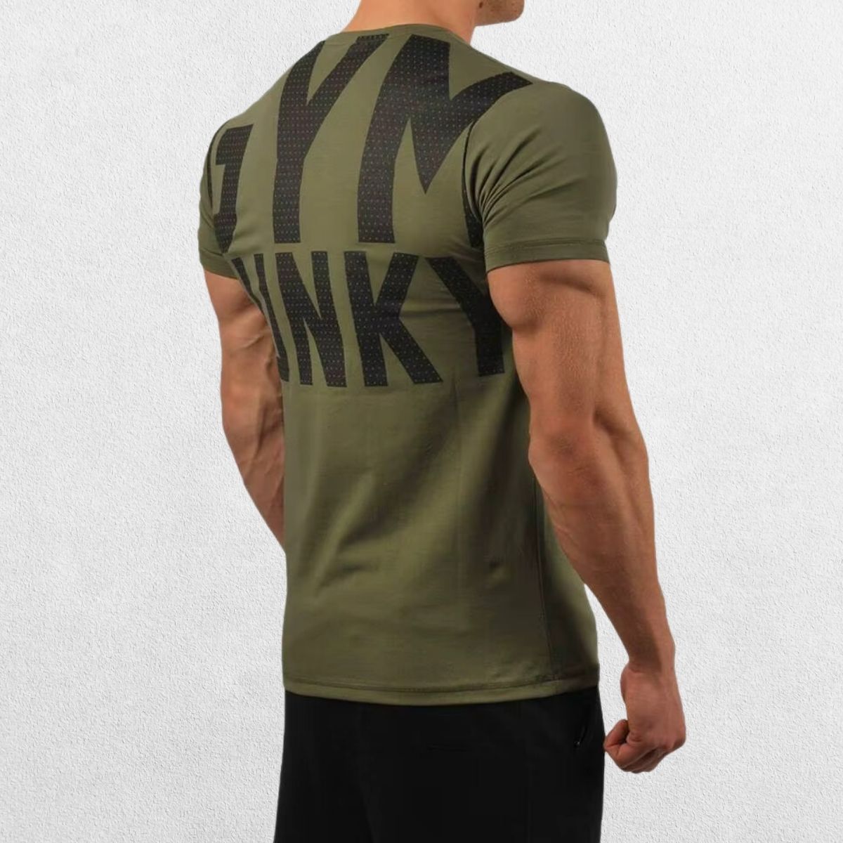 Men’s T-Shirt in army green, slight right back view with bold graphic.