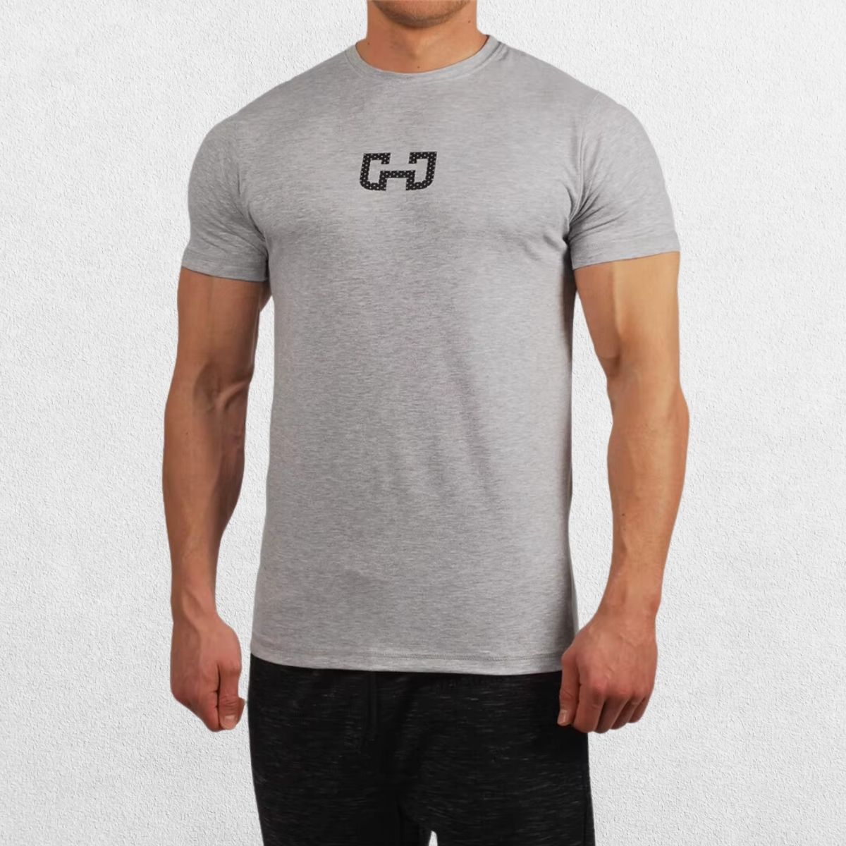 Gym Junky Men’s T-Shirt in gray, front view showcasing the clean, minimalist design.