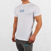 Men’s Slim Fit T-Shirt in white, slight left view showcasing the fit and logo.