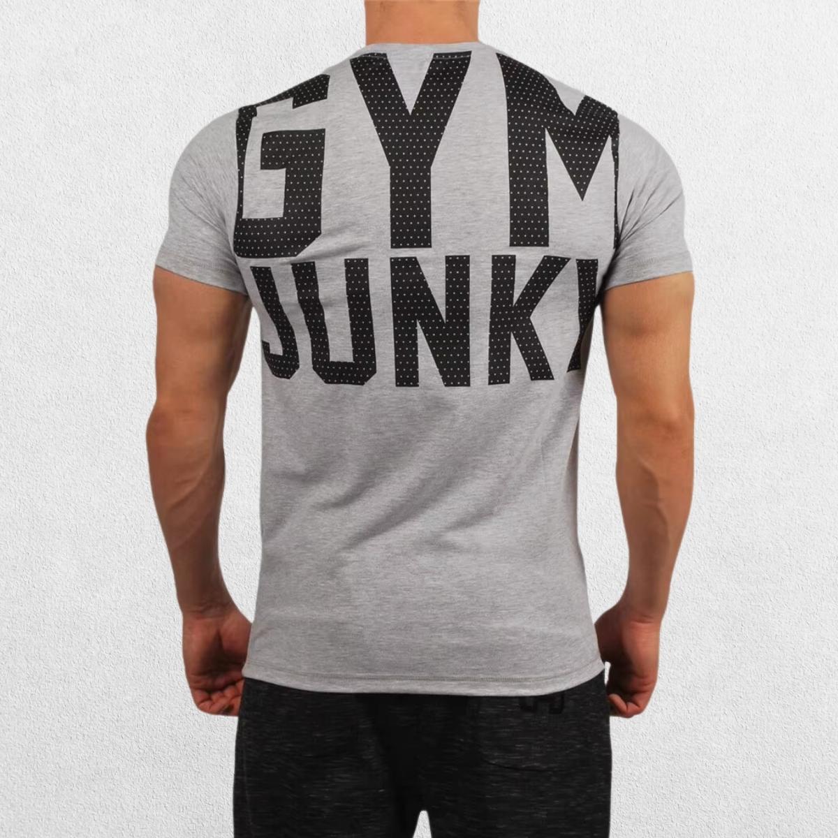Back view of T-Shirt in gray, displaying the Gym Junky graphic on the back.