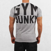 Back view of T-Shirt in gray, displaying the Gym Junky graphic on the back.